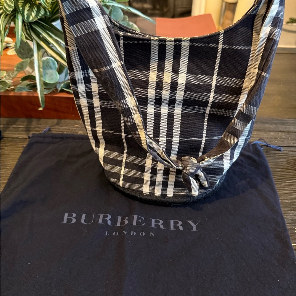 Burberry Plaid Canvas Bucket Bag with Duster.